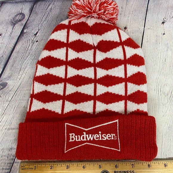 Budweiser Beanie Hat Cap Red White Diamond Pattern Winter Toque Knit POM Top - Picture 6 of 8